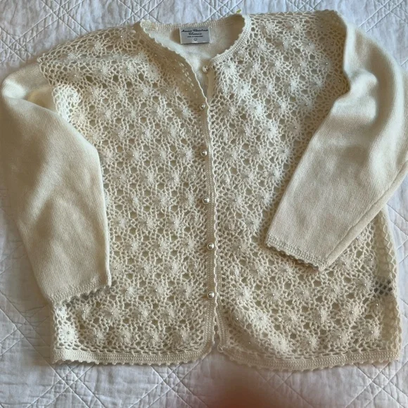 Marisa Christina Sweater Large Ivory Pearl Stud Lambswool Knit Cardigan Vintage - Picture 10 of 14